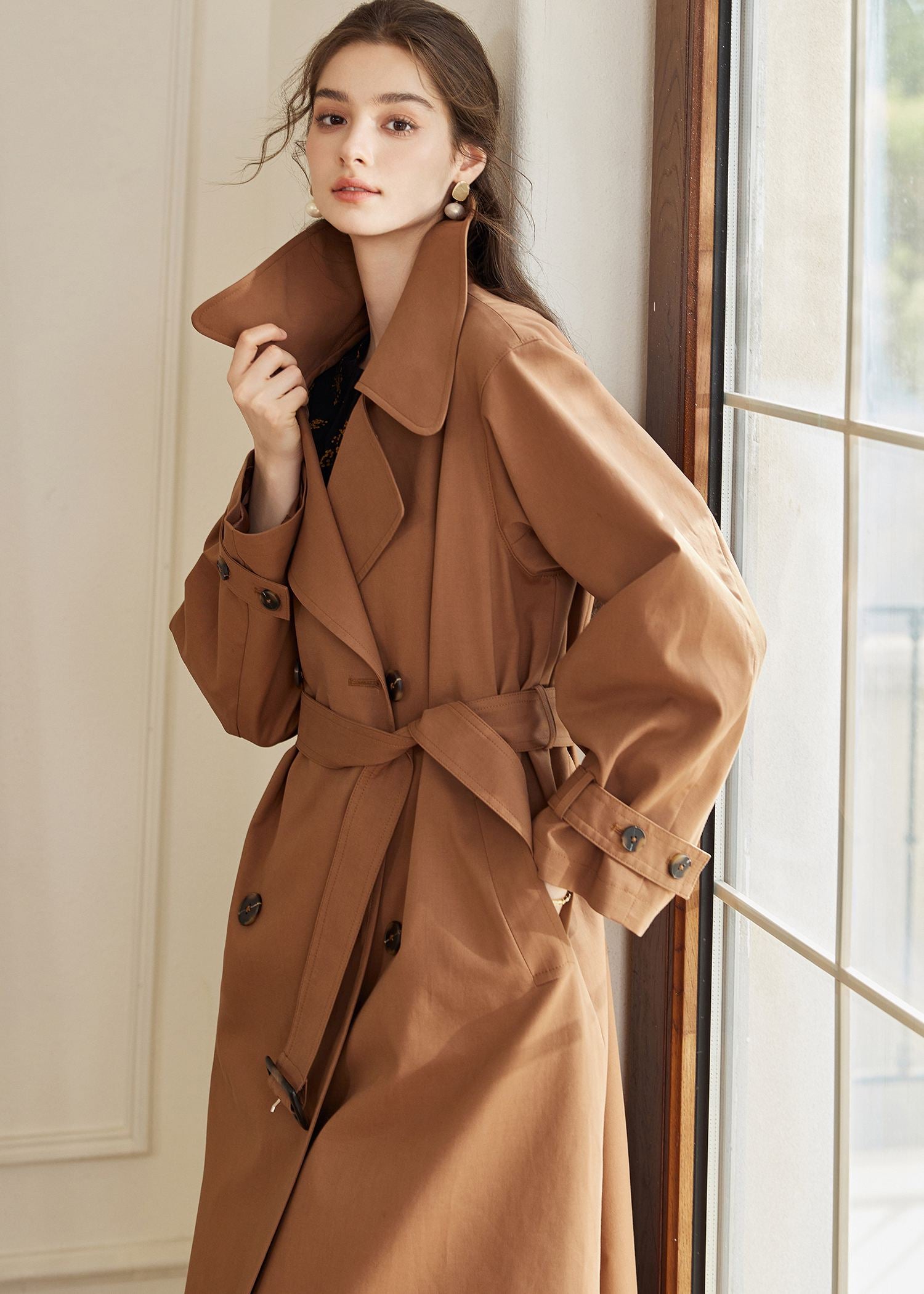 Double Breasted Belted Brown Long Trench Coat – Vivian Seven