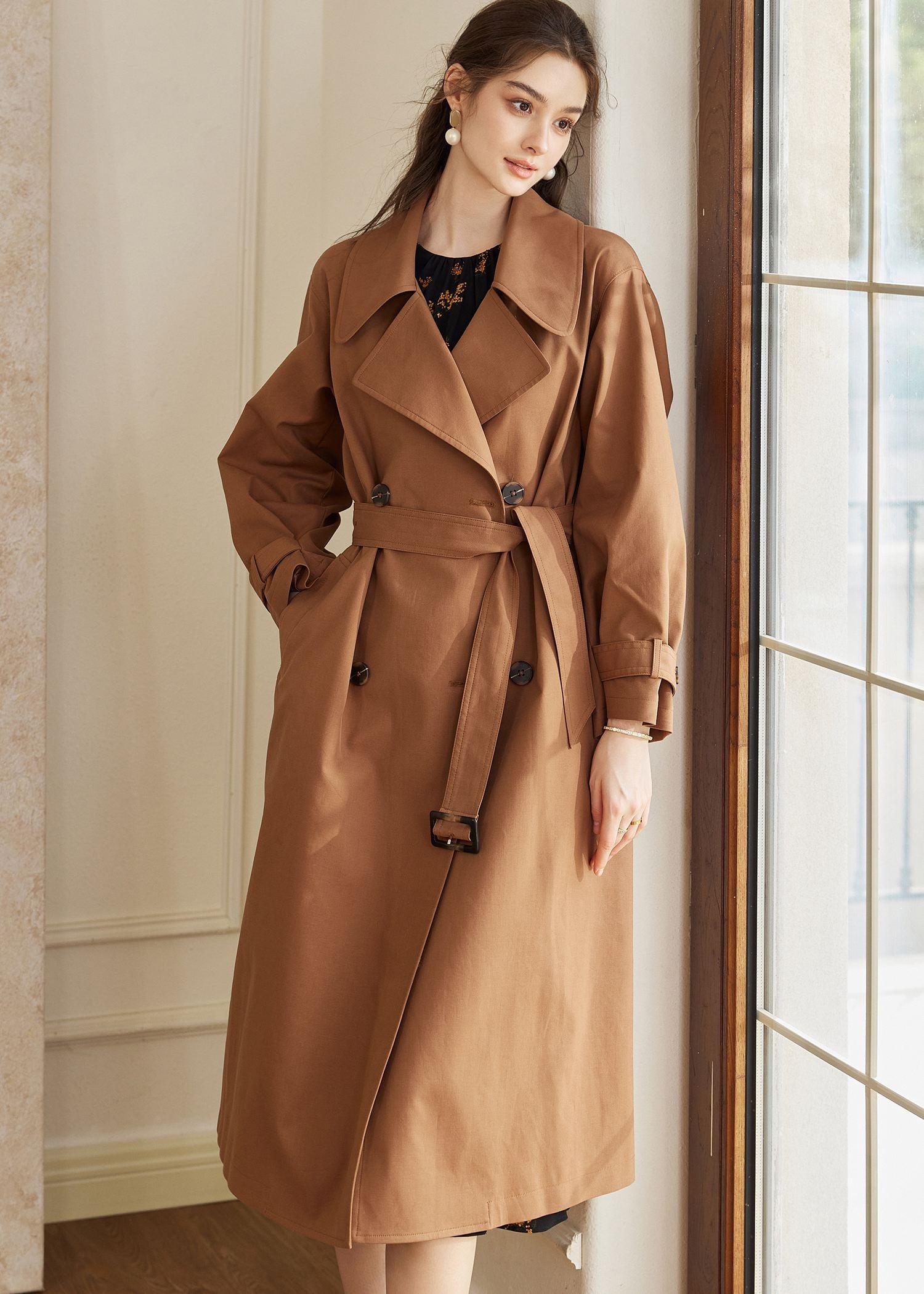 Double Breasted Belted Brown Long Trench Coat – Vivian Seven