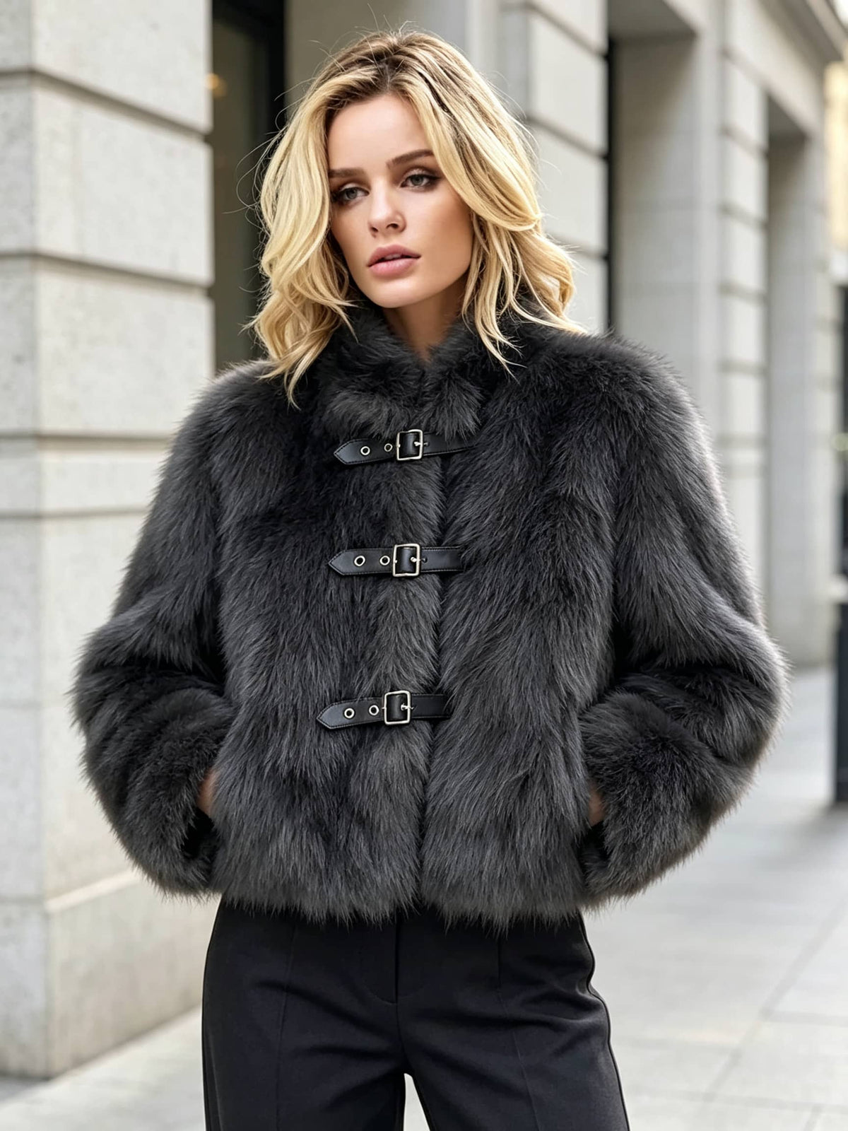 A woman wearing a dark gray faux fur jacket with black buckle details, paired with black pants, standing on a city sidewalk in front of a stone building.