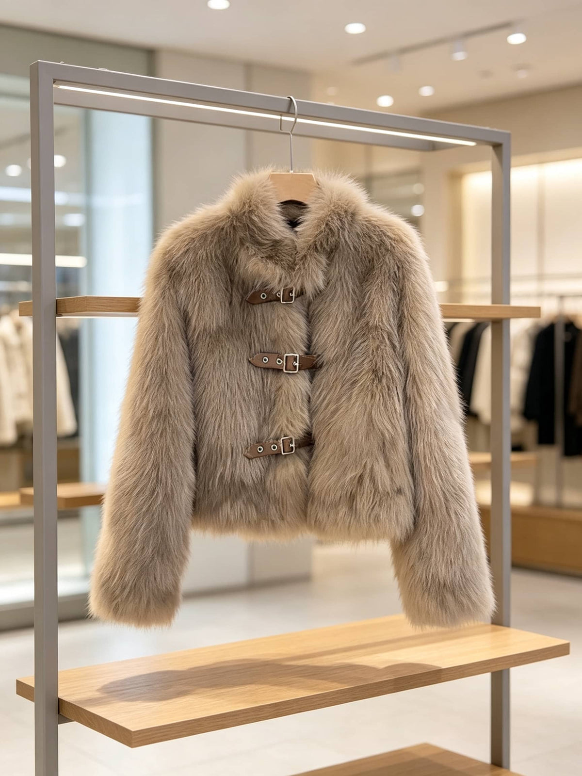 A light beige faux fur jacket with brown toggle closures, hanging on a wooden hanger from a metal clothing rack inside a boutique.