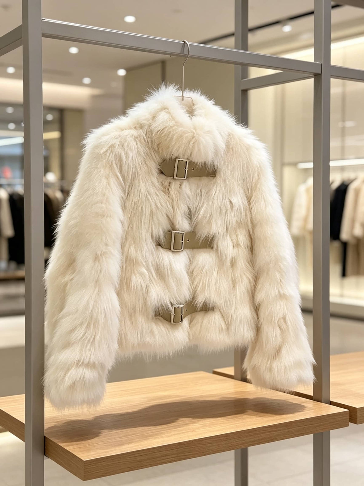 Store display shot of the off-white cream cropped faux fur jacket on a wooden hanger featuring three beige buckle straps.