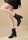 Women's Judy Buckle Belted Block Heel Genuine Leather Boots Black