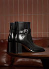 Women's Judy Buckle Belted Block Heel Genuine Leather Boots Black