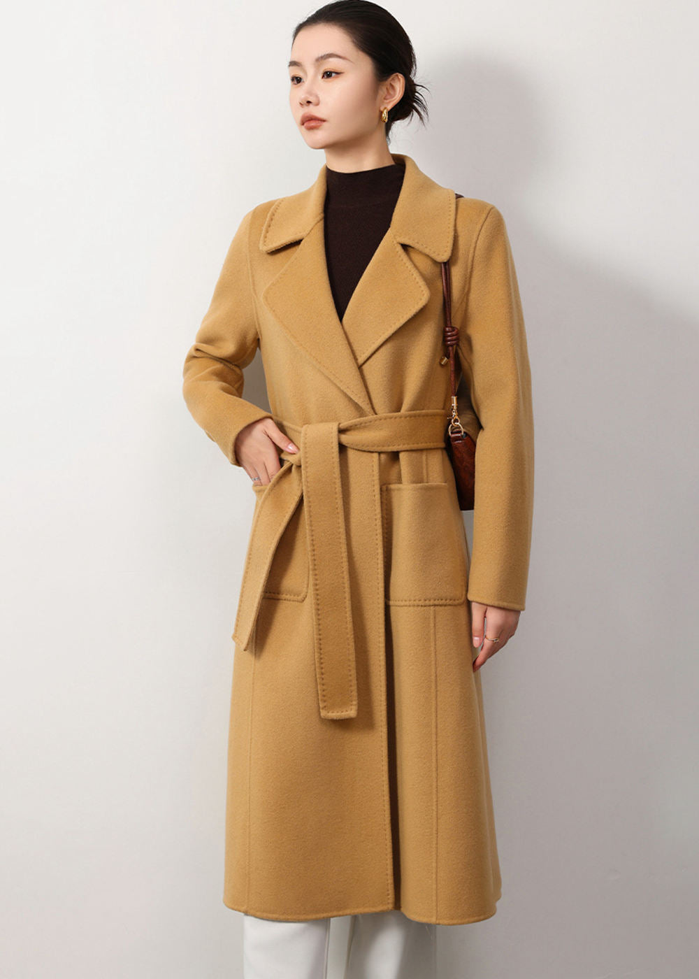 Vivian Seven Women's Clarissa Belted Double Face Wool Coat Camel