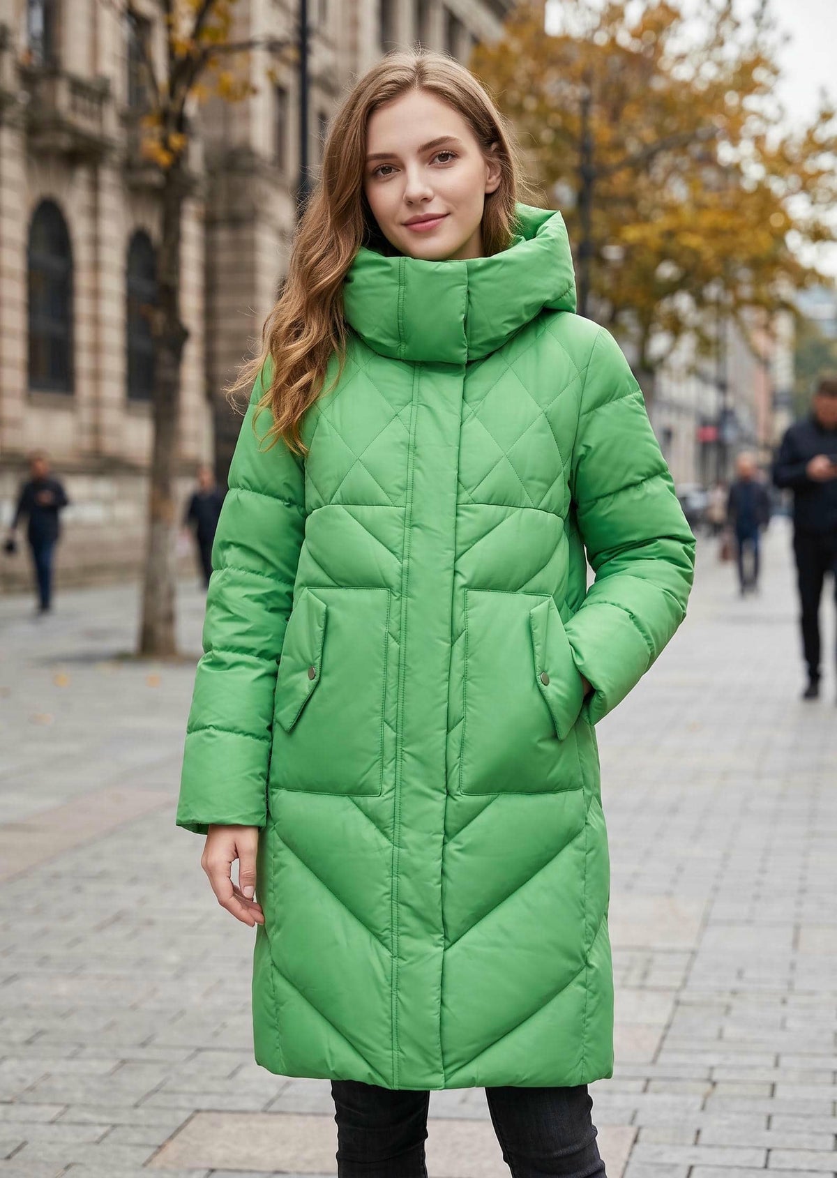 A woman wearing a bright green quilted puffer coat with a high padded collar, standing on a city street with blurred buildings and pedestrians in the background.