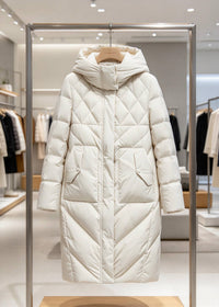 A long quilted puffer coat in off-white hangs on a wooden hanger inside a metal display rack in a boutique store. The coat features a hood, a full front zipper, and large front patch pockets.