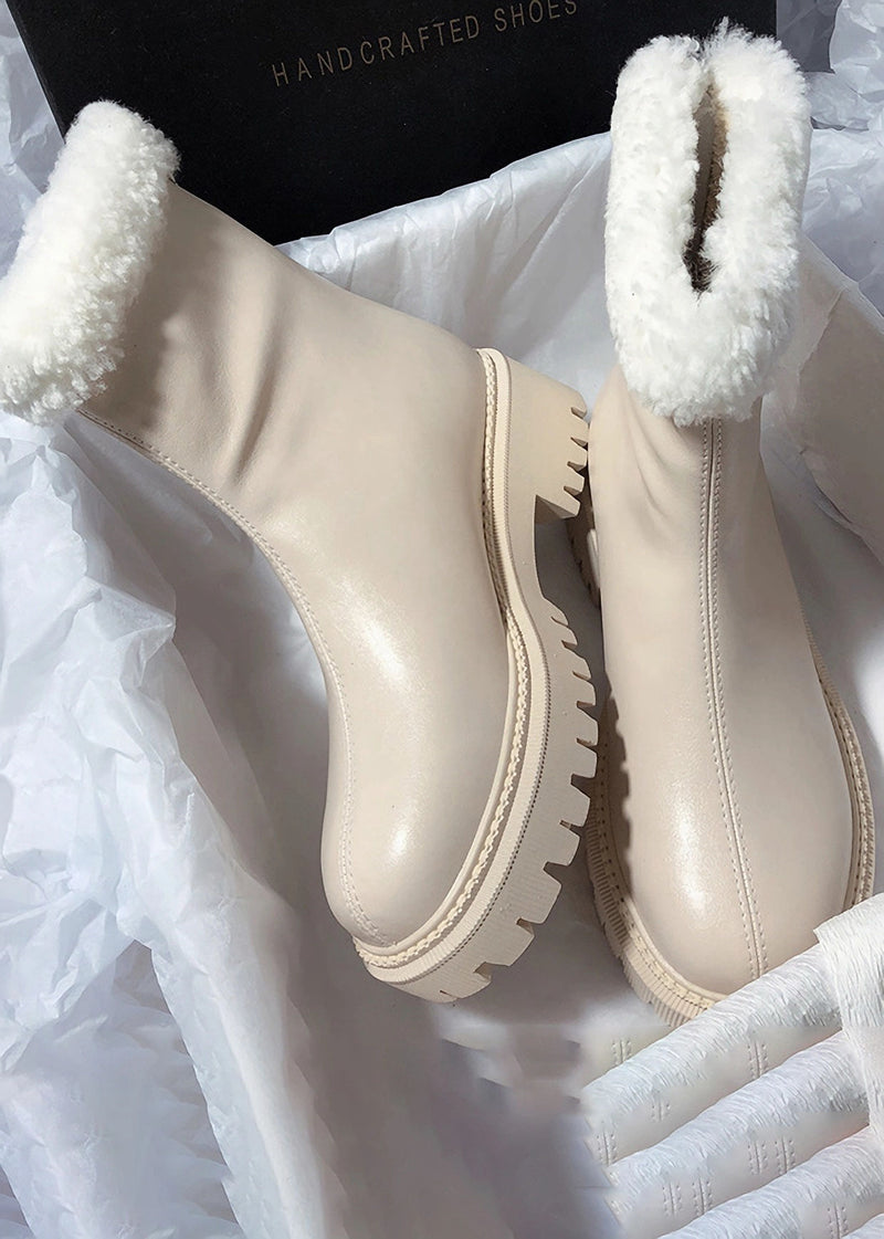 Women's Winter Cozy Genuine Leather Faux Shearling Lined Booties White