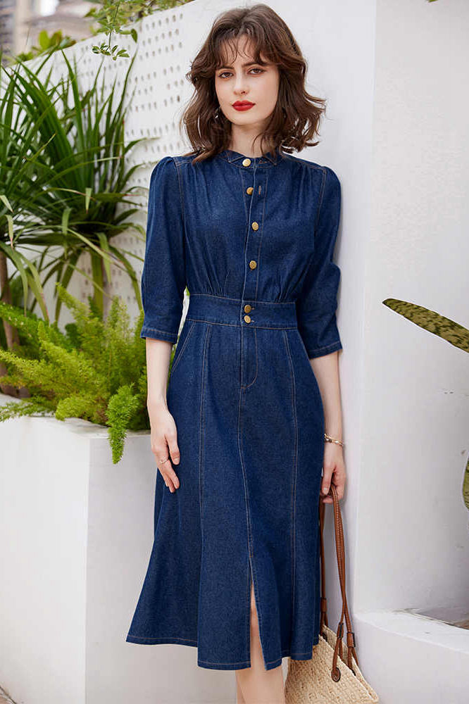 seven denim dress 7 For All Mankind Indigo Linen V-Neck Dress in Arizona