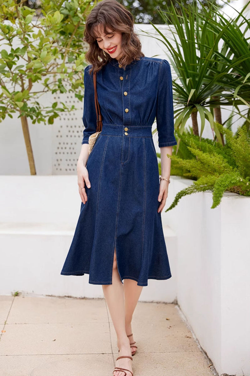 Cropped Sleeve Blue Drenim Mermaid Dress – Vivian Seven