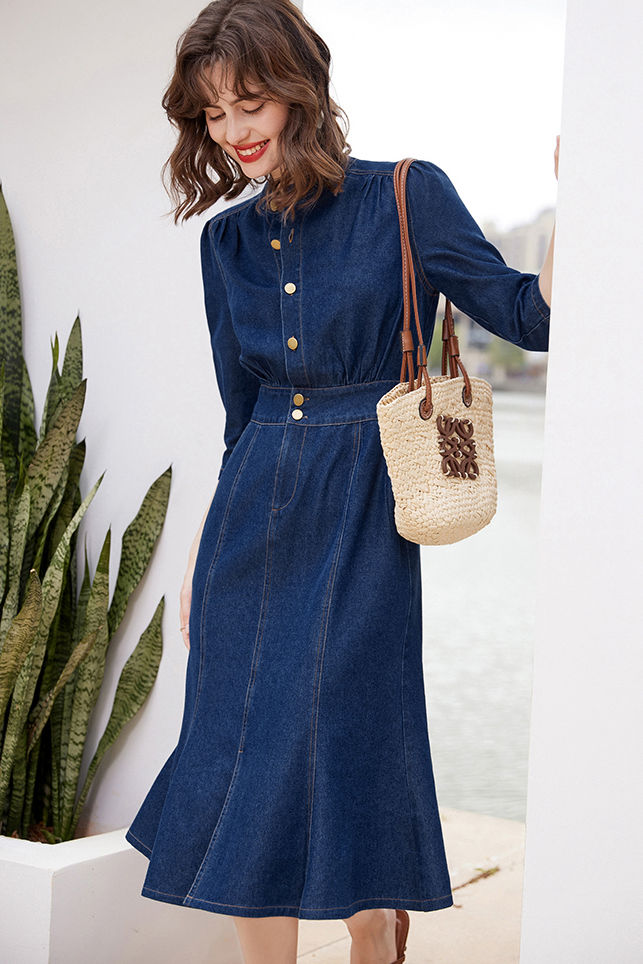 mermaid denim dress Elegant Women's Denim mermaid dress with Ruffle Bodycon and Zipper - Slim Fit, Style, Short Sleeves, Round Neckline