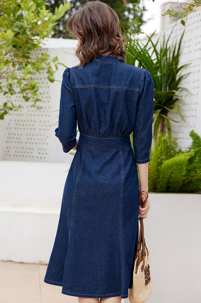 Cropped Sleeve Blue Drenim Mermaid Dress Blue / S Cropped Sleeve Blue Drenim Mermaid Dress Blue / S