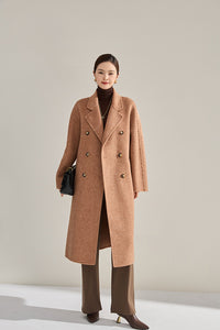 Vivian Seven Women's Double Breasted Belted Twill Double Face Wool Coat Camel Brown