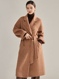 Vivian Seven Women's Double Breasted Belted Twill Double Face Wool Coat Camel Brown