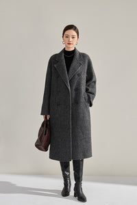 Vivian Seven Women's Double Breasted Belted Twill Double Face Wool Coat Gray Black