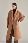 Vivian Seven Women's Double Breasted Belted Twill Double Face Wool Coat Camel Brown