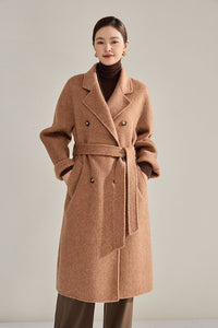 Vivian Seven Women's Double Breasted Belted Twill Double Face Wool Coat Camel Brown