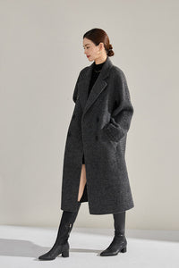 Vivian Seven Women's Double Breasted Belted Twill Double Face Wool Coat Gray Black