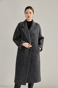 Vivian Seven Women's Double Breasted Belted Twill Double Face Wool Coat Gray Black