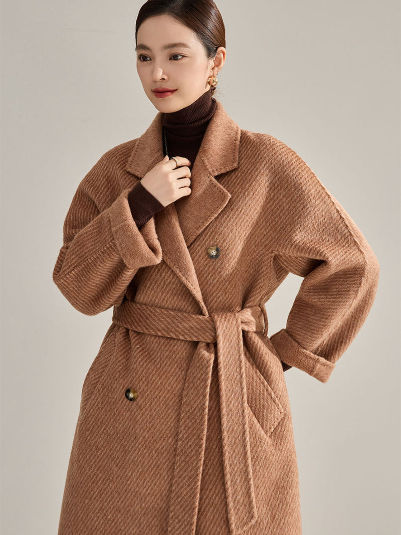 Vivian Seven Women's Double Breasted Belted Twill Double Face Wool Coat Camel Brown