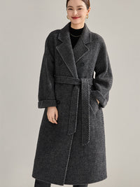 Vivian Seven Women's Double Breasted Belted Twill Double Face Wool Coat Gray Black