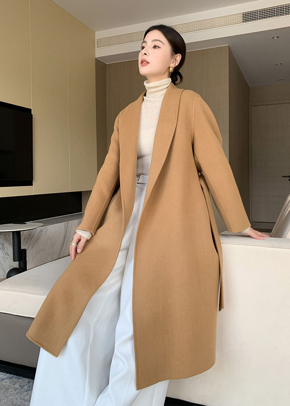 Eda Open Front Belted Double Face Wool Coat – Vivian Seven