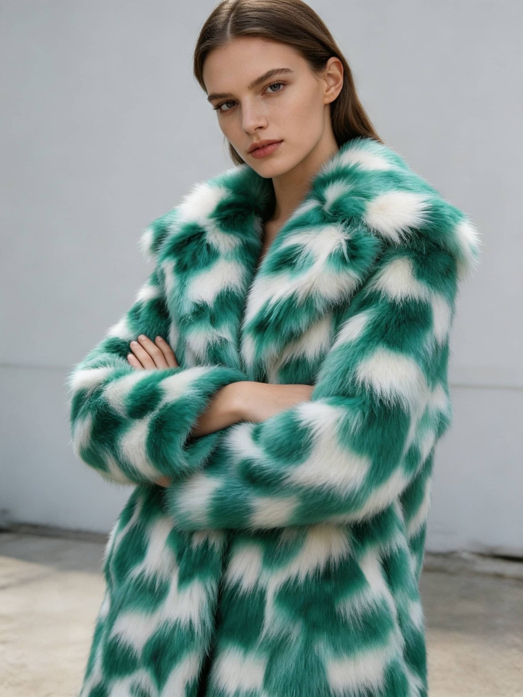 Model crossing arms wearing a women's emerald green and white patterned plush faux fur coat.