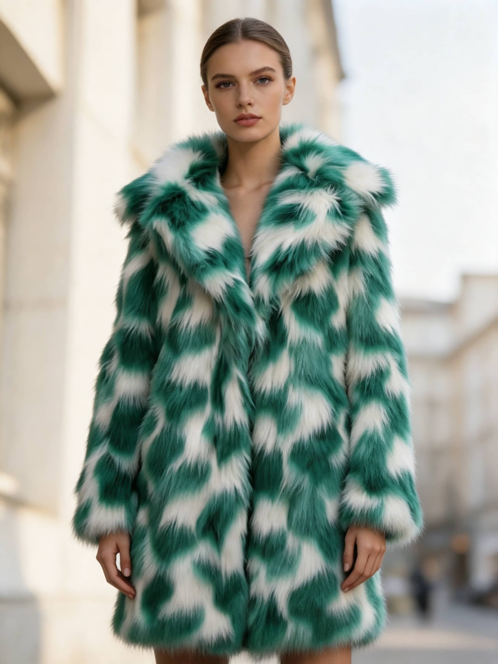 Front view of a model showcasing a luxurious women's emerald green and white patterned faux fur coat.