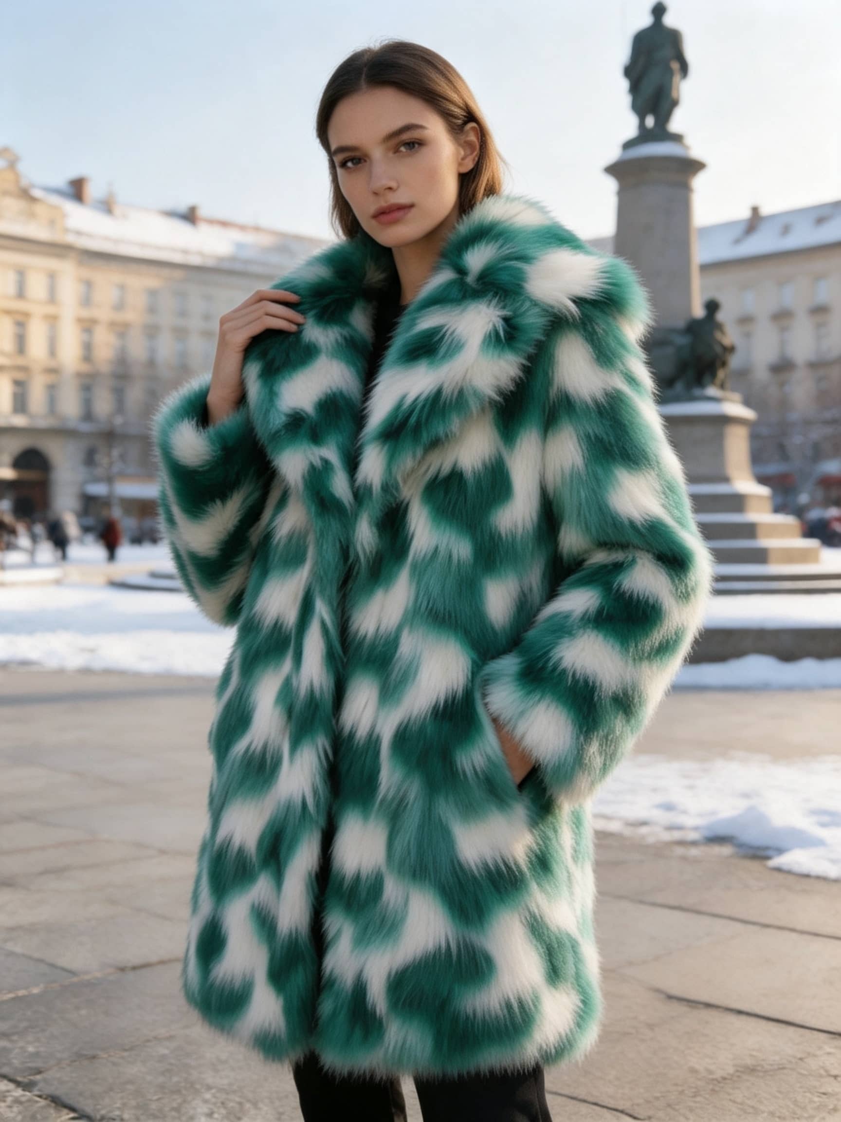  Woman wearing a green and white patterned plush faux fur coat with pockets in a snowy city square.