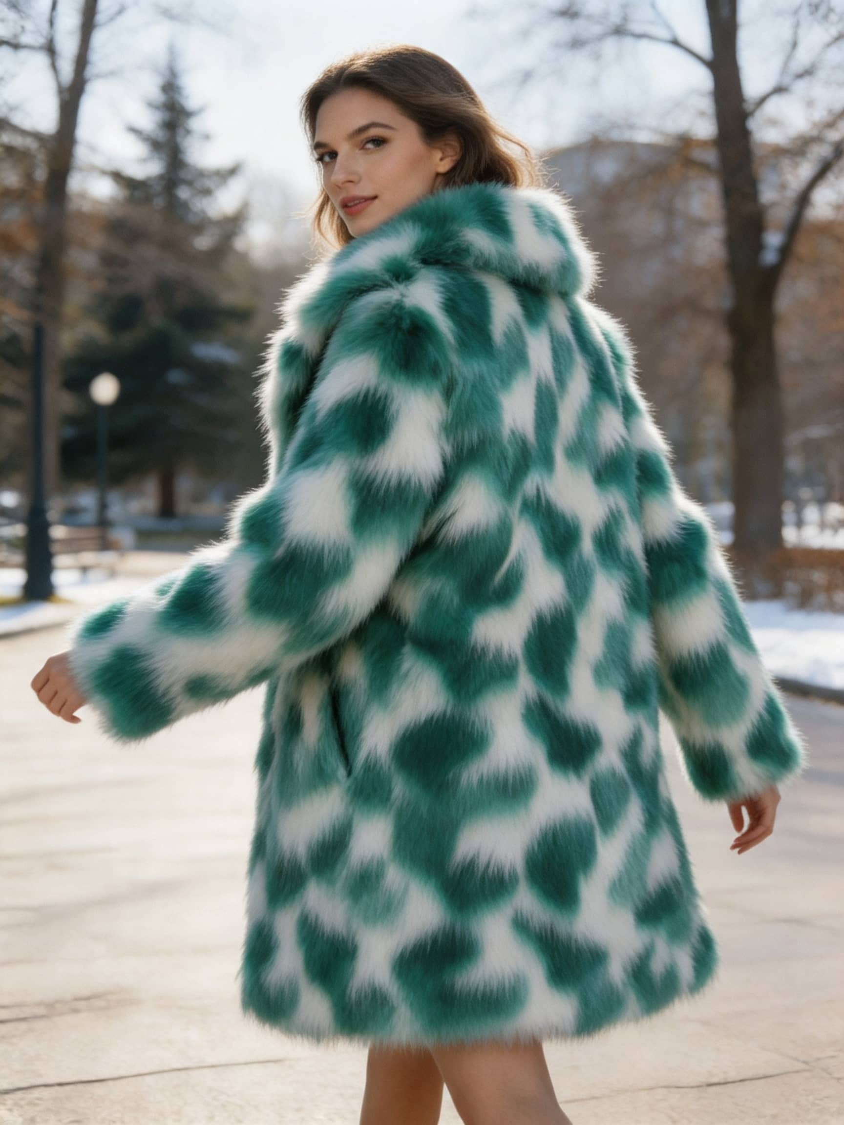 Dynamic back view of a woman turning in a park wearing an emerald green patterned faux fur coat.