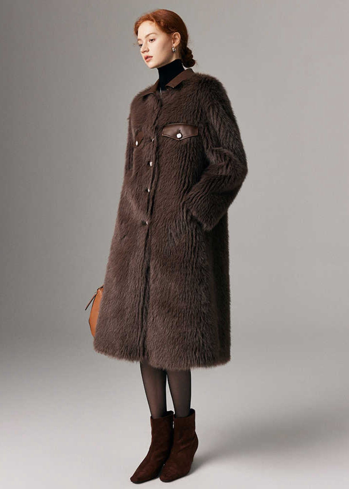Patchwork Leather Collar Faux Fur Fleece Long Coat – Vivian Seven