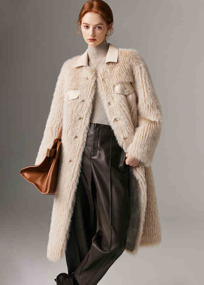 Women's Winter Patchwork Leather Collar Faux Fur Fleece Long Coat