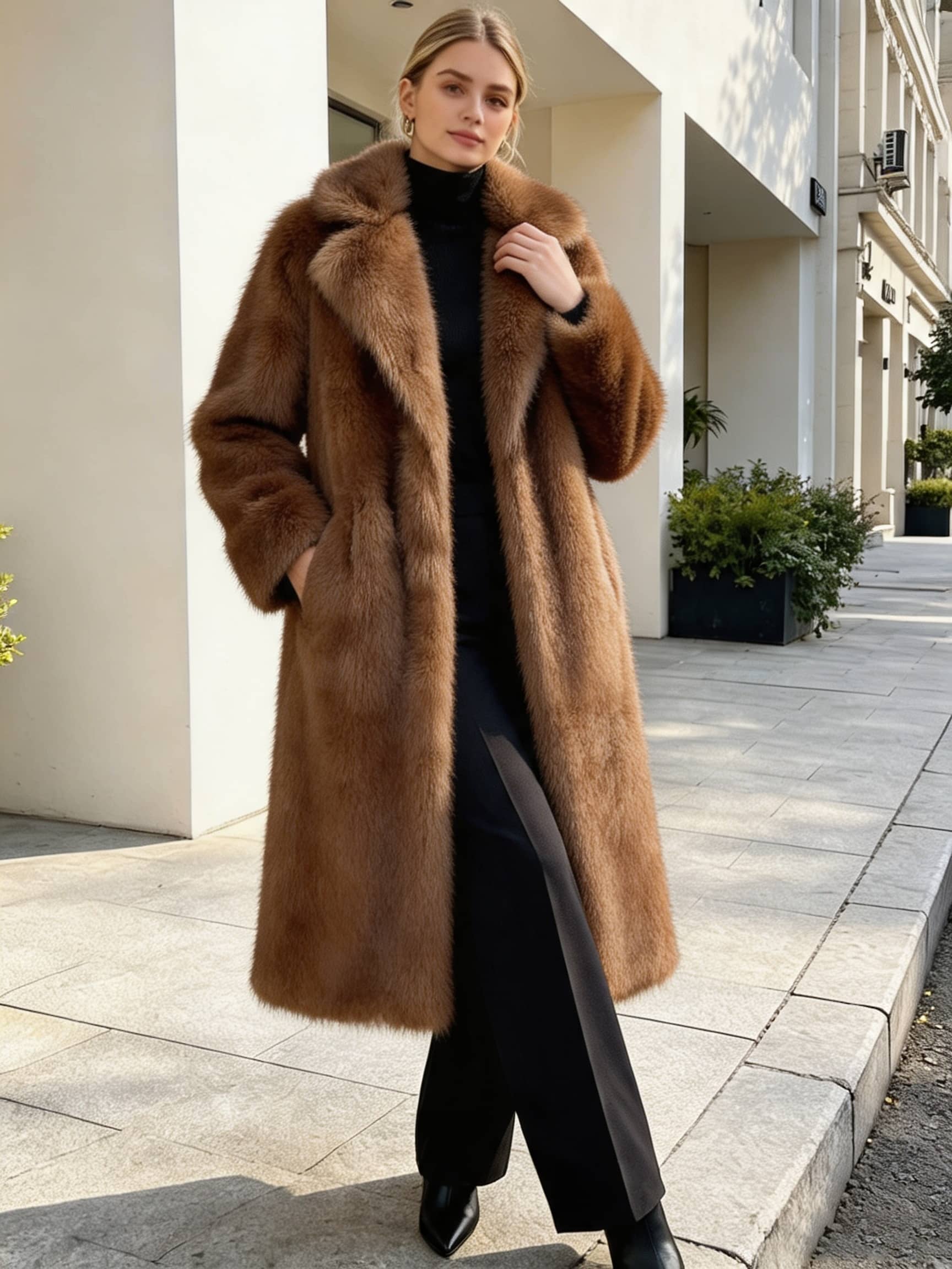 Front view of a woman wearing an open long brown faux fur coat with black wide-leg pants and heel boots.