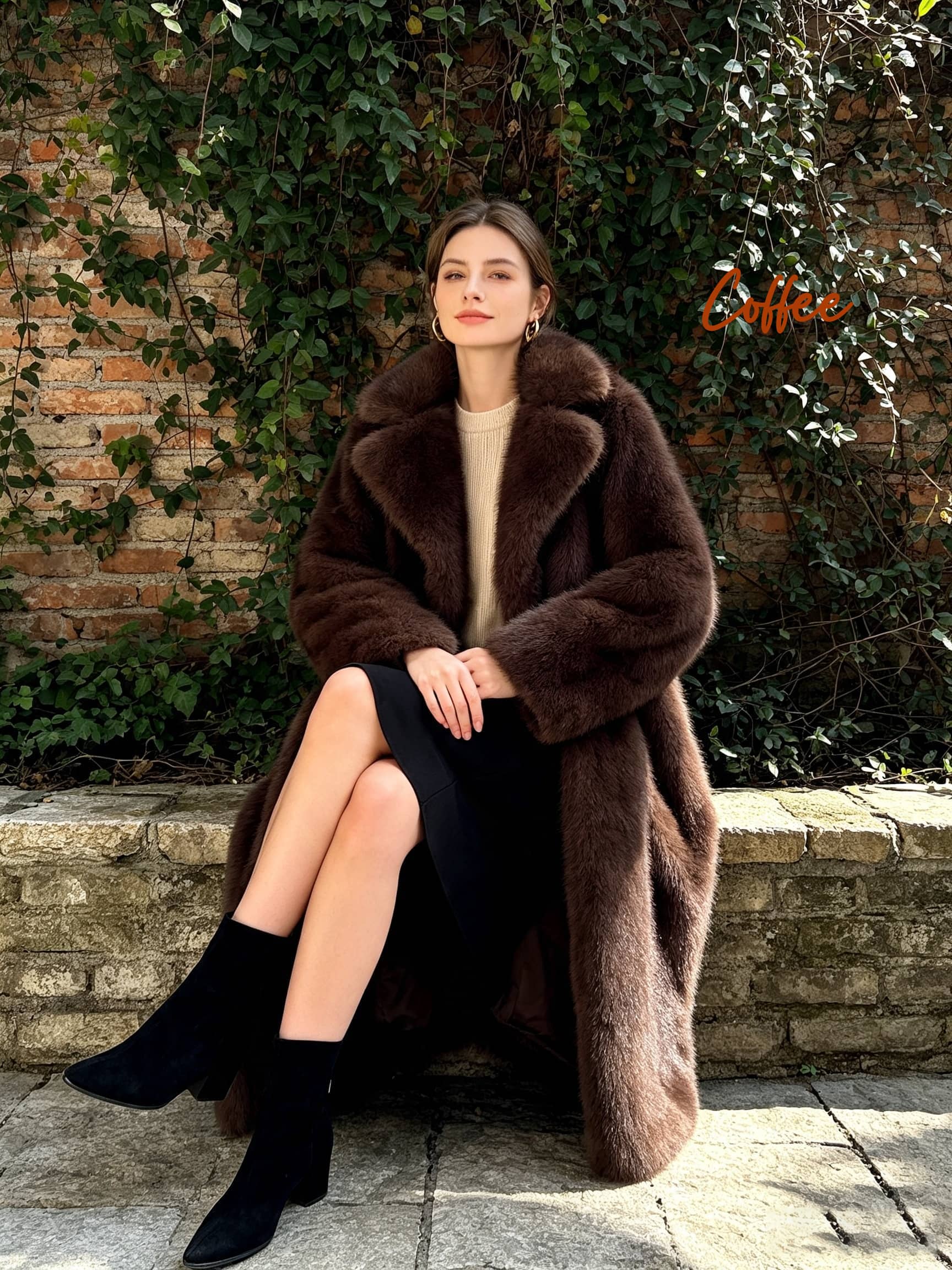 Woman sitting outdoors wearing a cozy dark coffee brown long faux fur coat with black ankle boots.