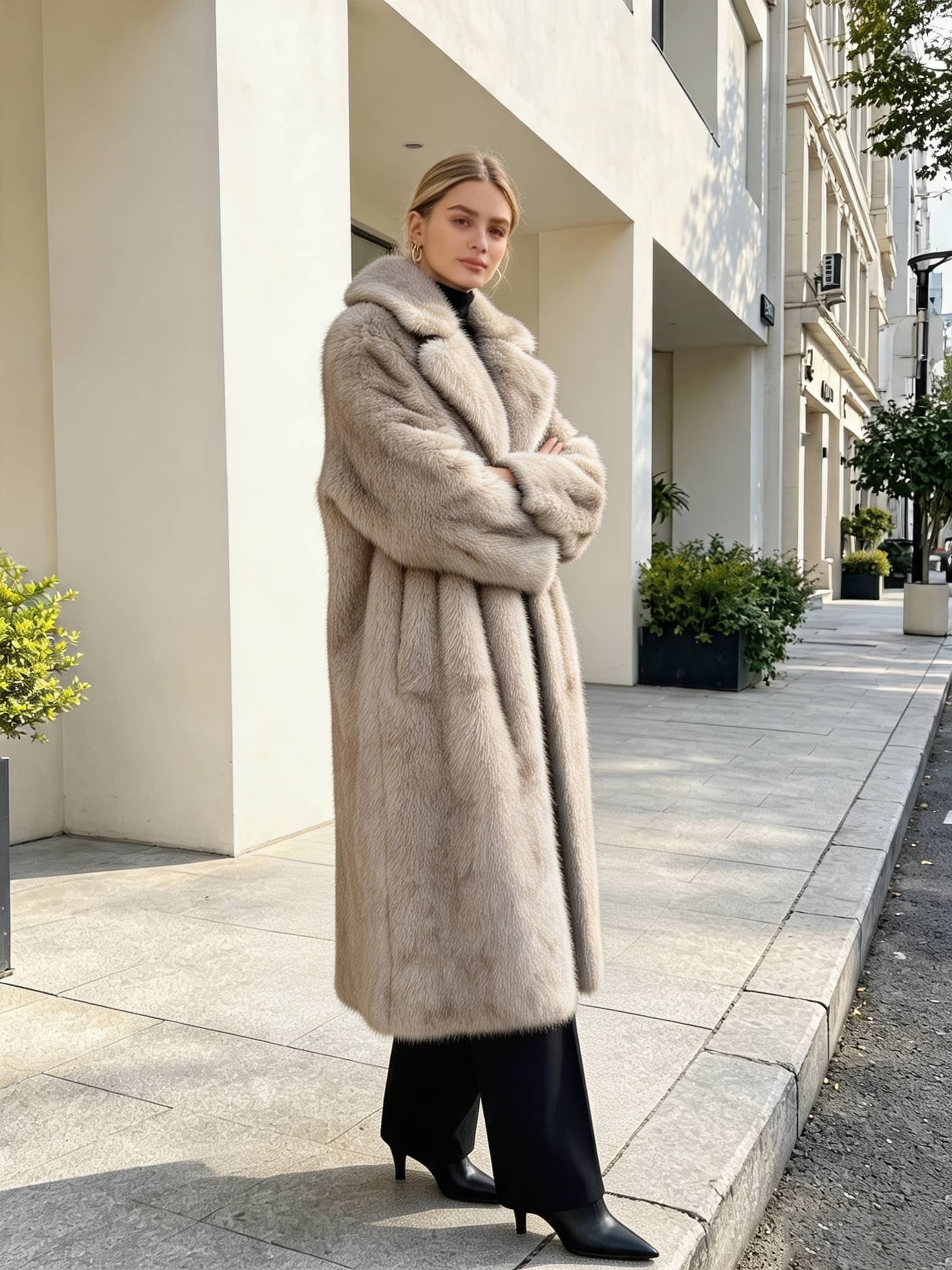 Side angle of a model posing in a long light grey plush faux fur winter coat with crossed arms.