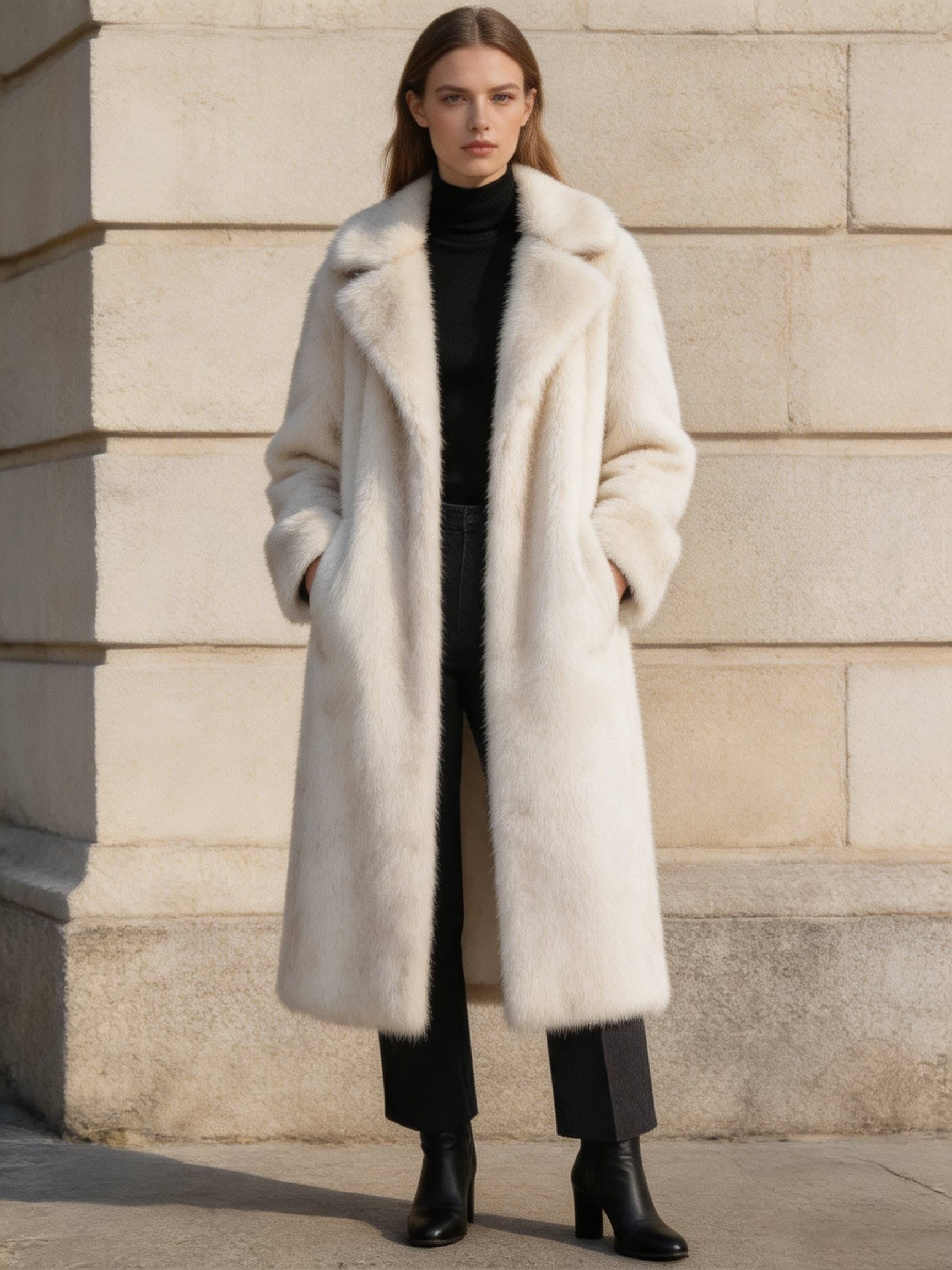 Full-length view of a model in an elegant long cream white faux fur winter coat with hands in pockets.