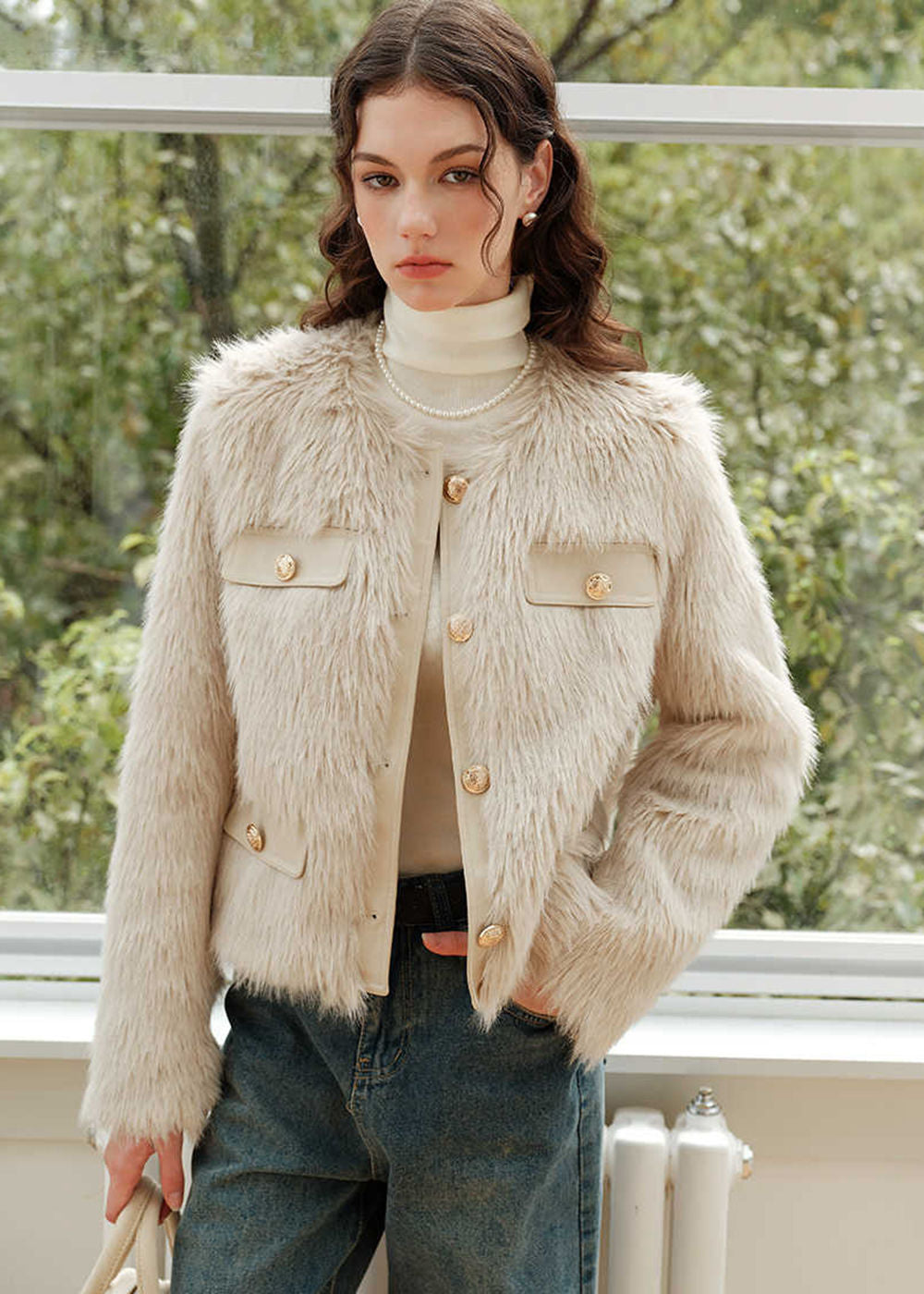 Ivory Jewel Neck Faux Fur Short Jacket – Vivian Seven