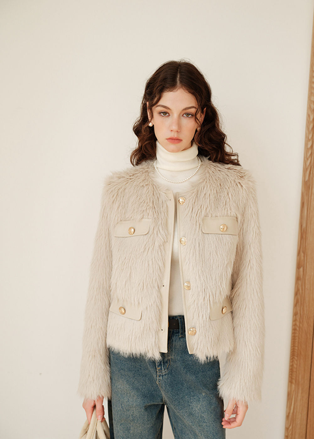 Ivory Jewel Neck Faux Fur Short Jacket – Vivian Seven