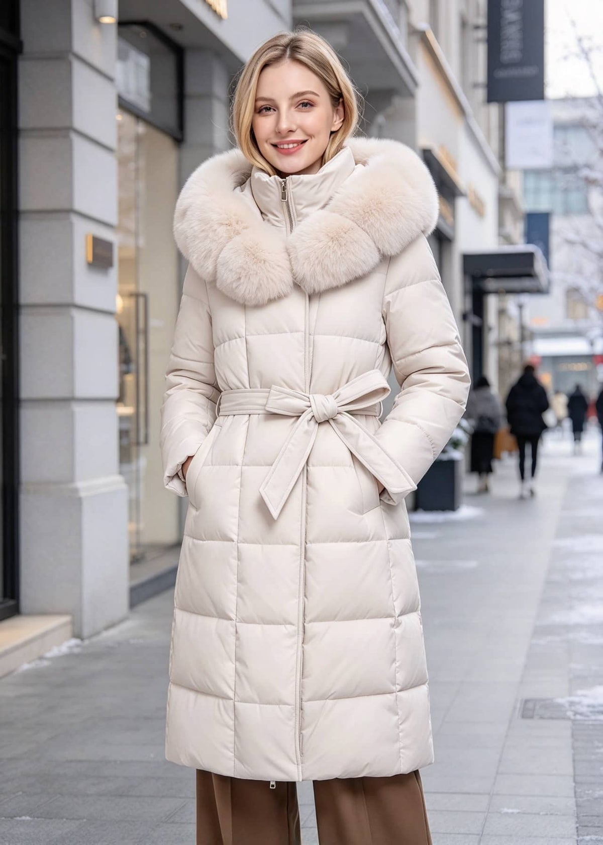 A woman wearing a long cream-colored puffer coat with a large fluffy faux-fur collar and a matching tie belt, standing on a city sidewalk.