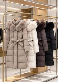 Four long puffer coats with large fur-trimmed hoods hang on a gold clothing rack inside a boutique. The coats come in light beige, off-white, dark brown, and black, each with a self-belt and horizontal quilting.