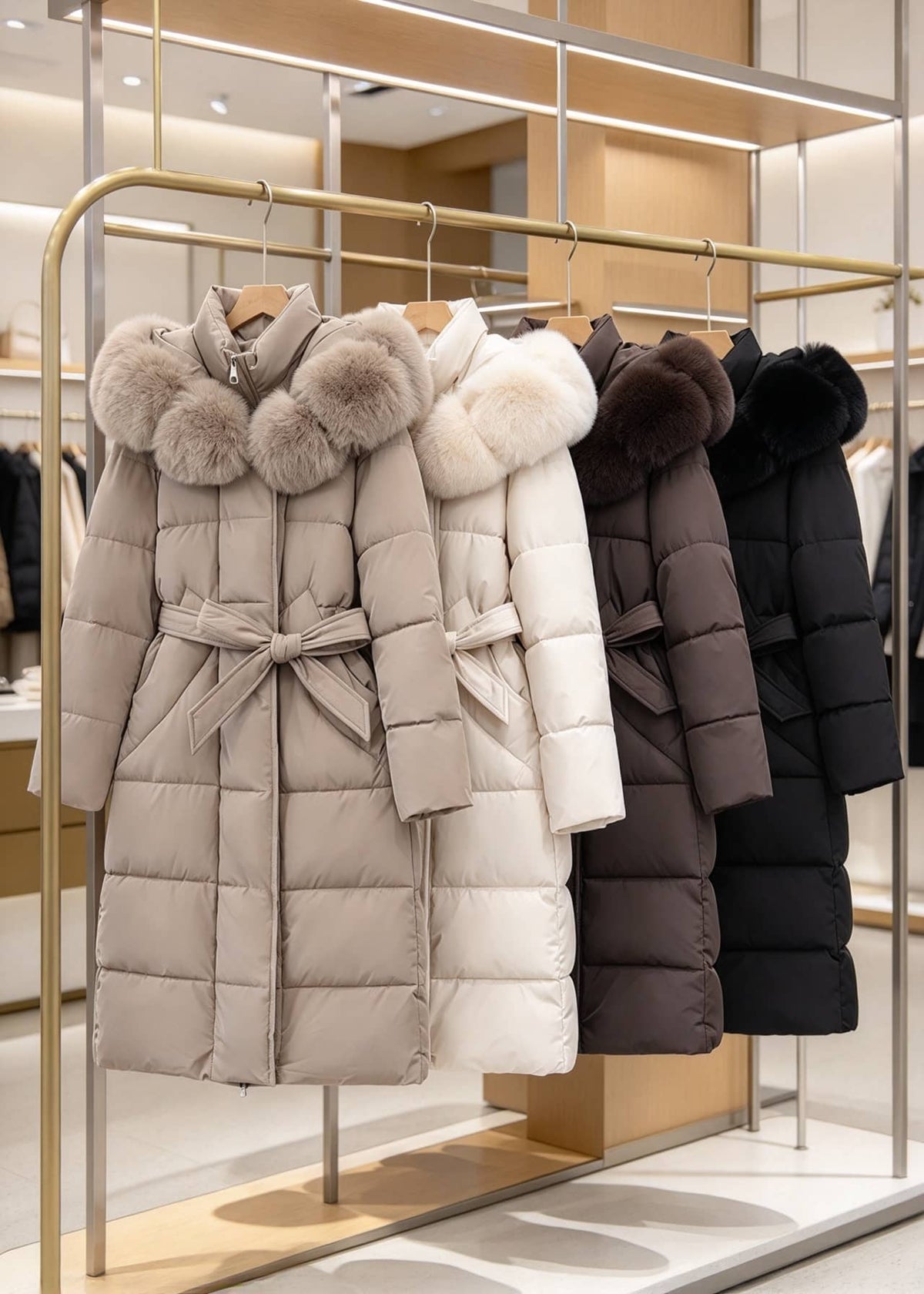 Four long puffer coats with large fur-trimmed hoods hang on a gold clothing rack inside a boutique. The coats come in light beige, off-white, dark brown, and black, each with a self-belt and horizontal quilting.