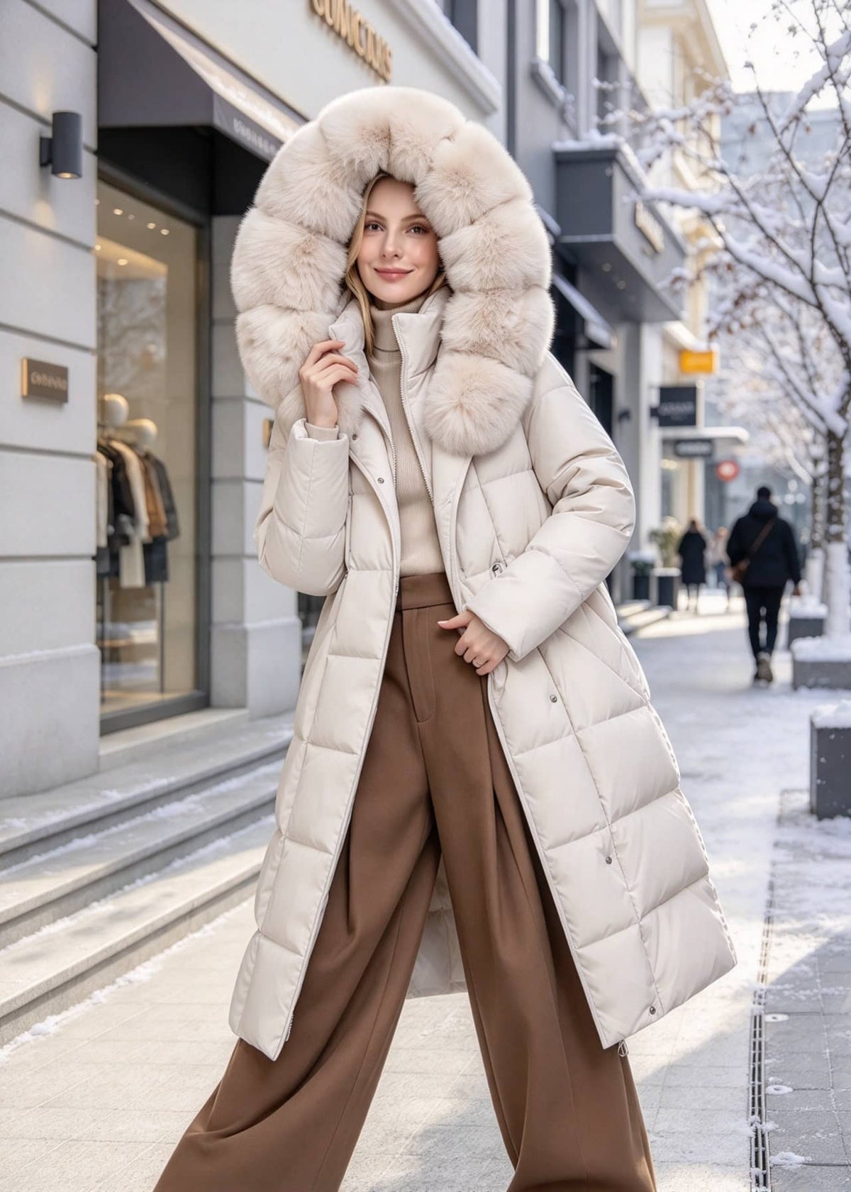 A woman stands on a snowy city sidewalk wearing a long cream-colored puffer coat with a large fluffy faux-fur trimmed hood, paired with brown wide-leg trousers.