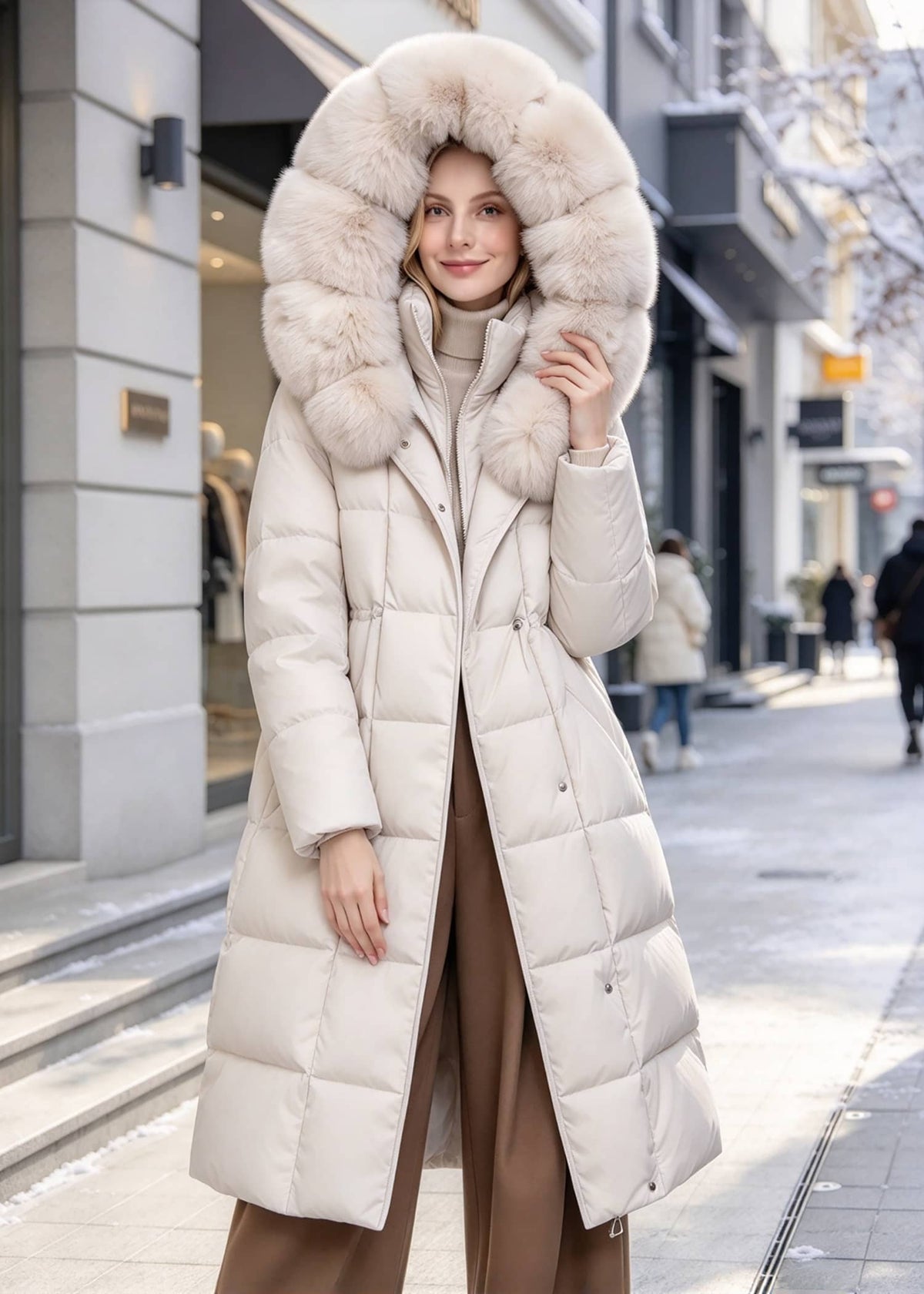 A woman wearing a long cream-colored puffer coat with a large fluffy faux-fur trimmed hood, standing on a city street.