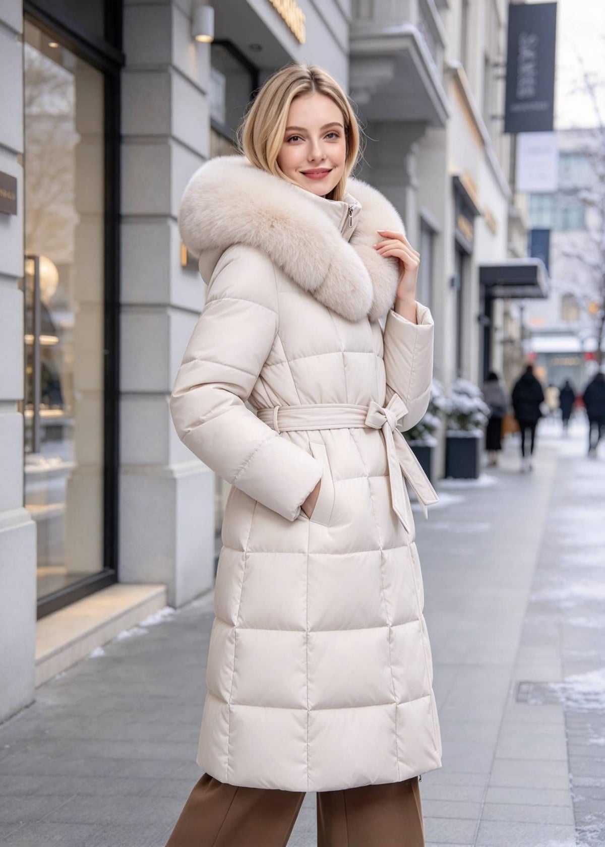 A woman wearing a long cream-colored puffer coat with a large beige fur-trimmed hood and matching tie belt, standing on a city sidewalk.