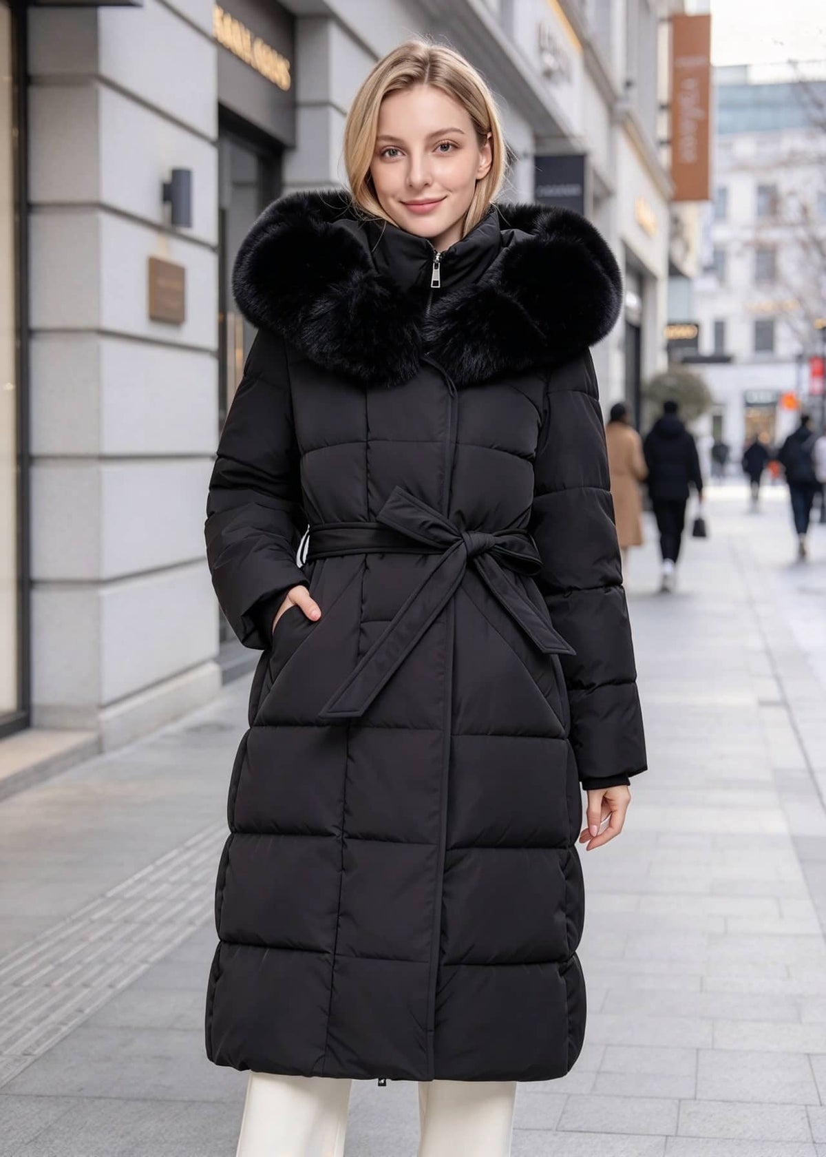 A woman wearing a long black puffer coat with a large black fur-trimmed collar and a matching waist tie, standing on a city street.