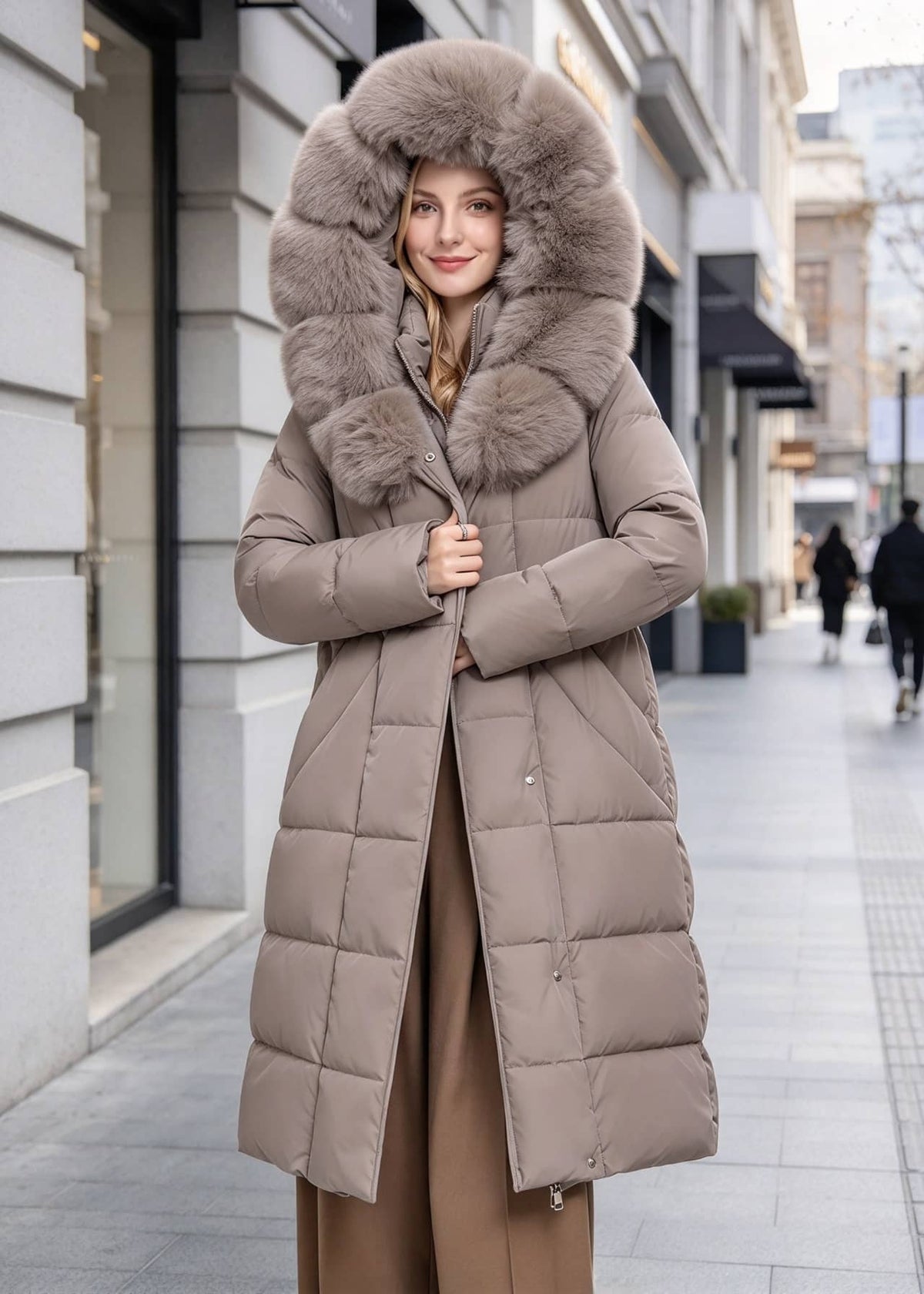 A woman wearing a long taupe-brown puffer coat with a large fluffy faux-fur trimmed hood, standing on a city sidewalk.