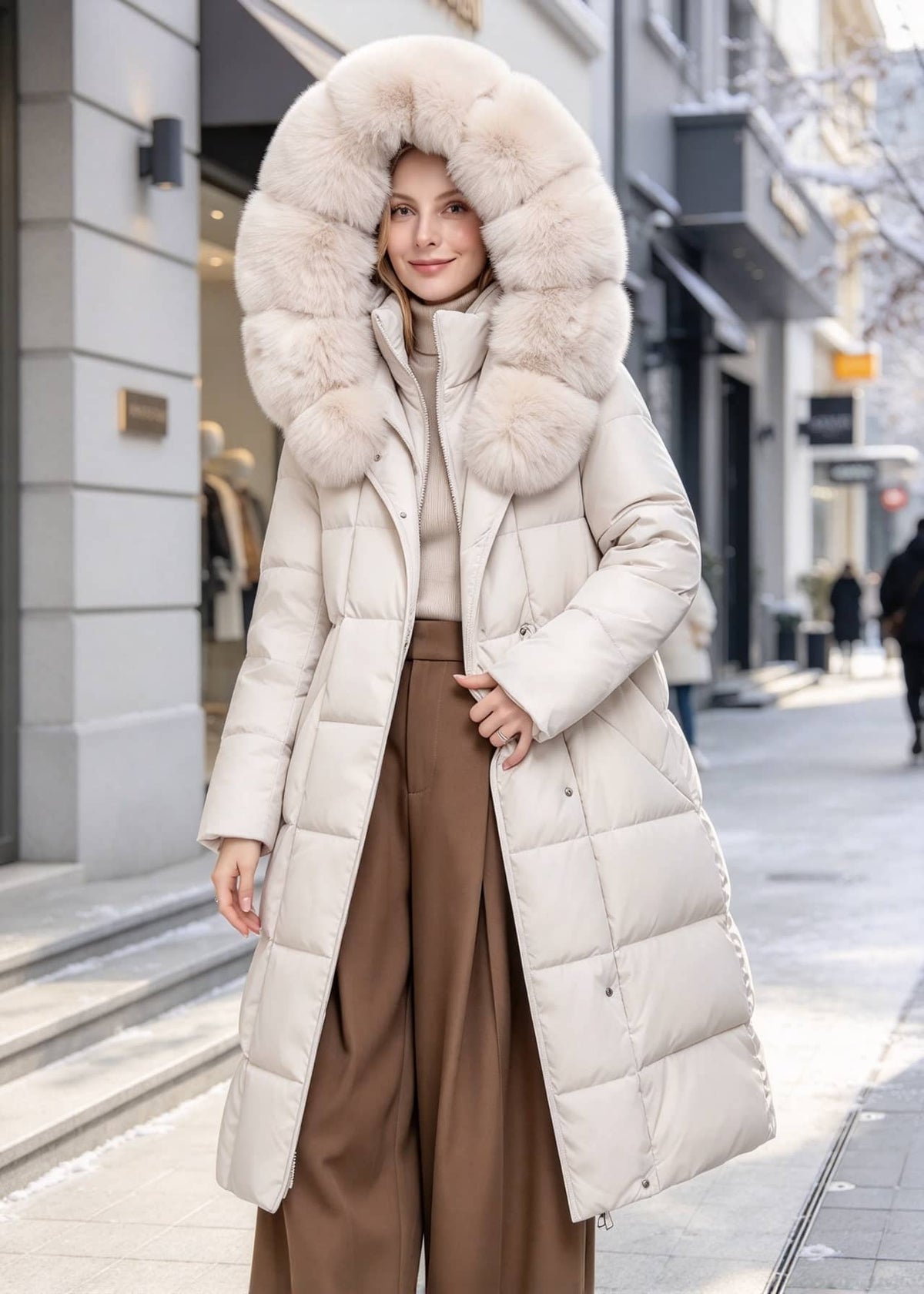 A woman wearing a long cream-colored puffer coat with a large fluffy faux-fur trimmed hood, paired with brown wide-leg trousers, standing on a city street.
