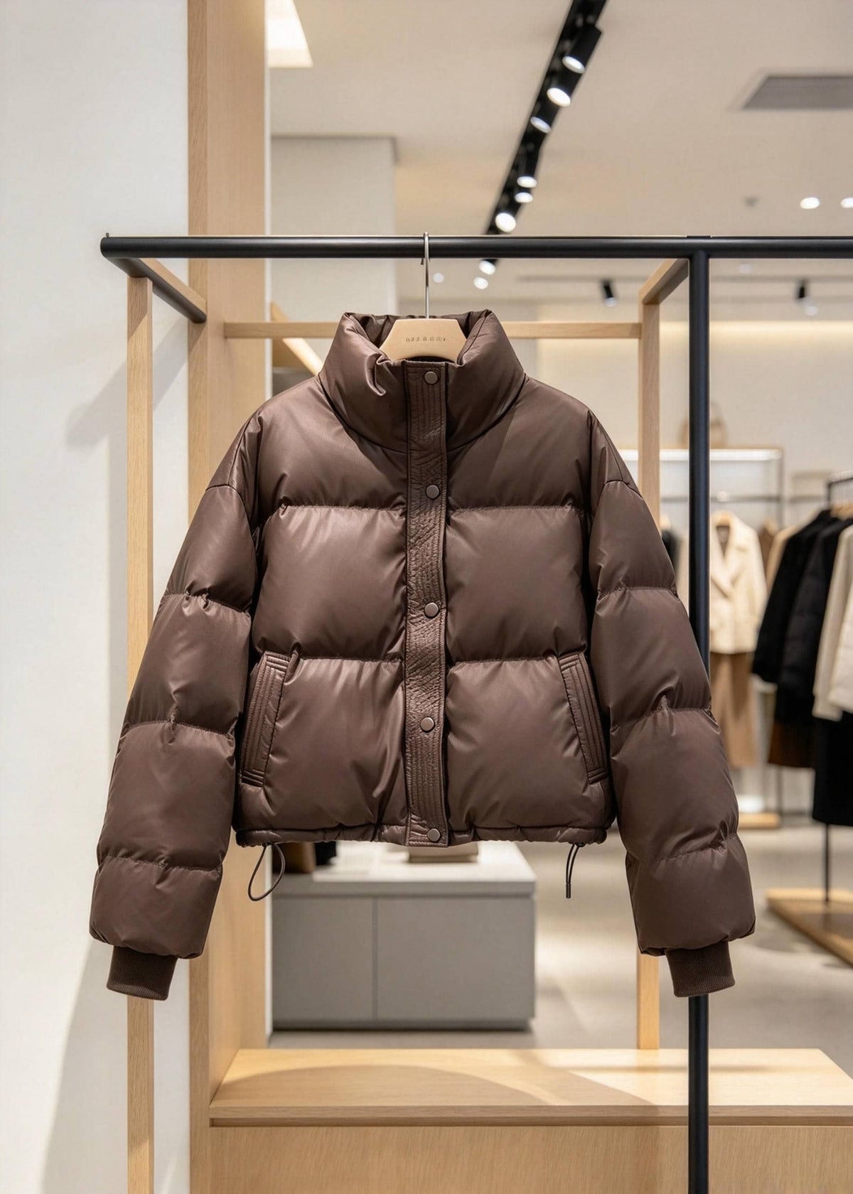 A brown puffer jacket with a high stand-up collar and button-front closure, hanging on a wooden hanger on a clothing rack inside a retail store.