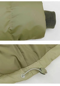 Close-up detail shots of an olive green puffer jacket, showing the quilted fabric texture, a ribbed dark cuff, and a drawcord closure with metal grommets.