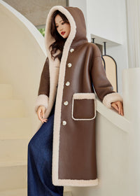 Women's Winter Faux Leather Wool Fur Lined Hooded Long Coat