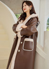 Women's Winter Faux Leather Wool Fur Lined Hooded Long Coat